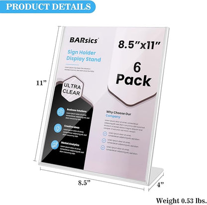 BARsics Plastic Sign Holder 8.5x11 Clear, Top-Load Paper Standing Display (Pack of 6)