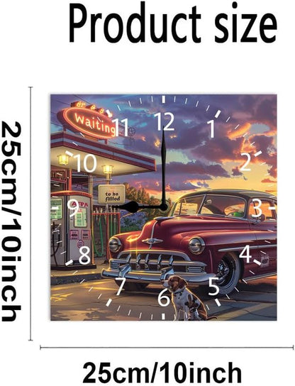 10 in Old Fashioned Gas Station Car -294 Wood Wall Clock – Digital Time Display, Smart Home Compatible for Bedside or Workspace