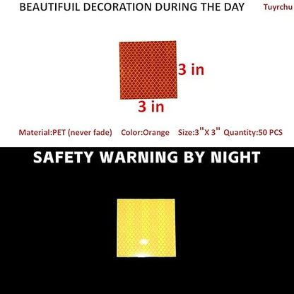 Non Fading Orange Reflective Stickers 3 inch X 3 inch, Outdoor Waterproof High Visibility Warning Safety Adhesive Reflector Tape (50 Pcs)