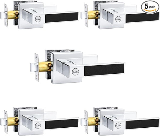 Probrico Square Heavy Duty Door Handle with Black Leather Hand Lever, Keyless Privacy Interior Door Levers for Bedromm and Bathroom, Polished Chrome, 1 Pack