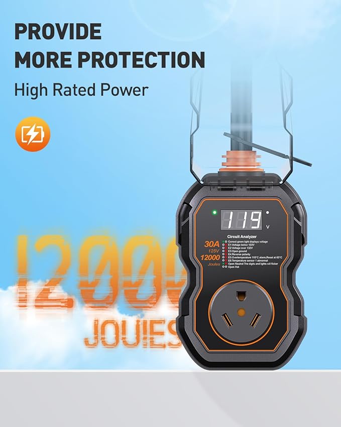GEARGO RV Surge Protectors 30 Amp with Smart LED Display, 12000 Joules RV Circuit Analyzer Waterproof with High/Low Voltage Protection, RV Adapter Plug for Camper