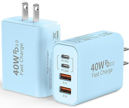 USB C Wall Fast Charger Block, 40W 4-Port Type C Chargers Fast Charging Blocks PD Power Charger Adapter+QC 3.0 USB Multiport Charger Brick for Phone 17/16/15/14/13/12 Pro Max, i-Pad, Galaxy S25-2Pack