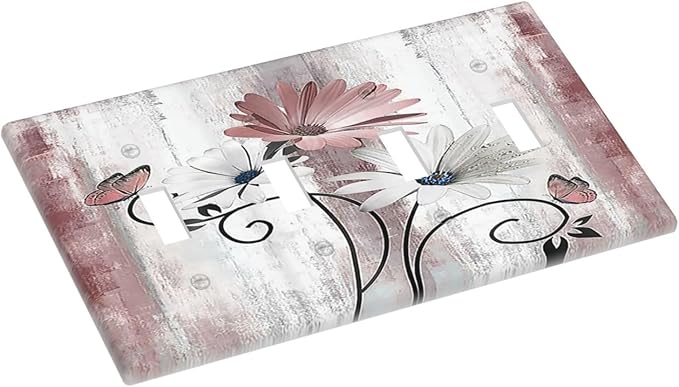 Light Switch Covers Pink White Daisy Butterfly Wood Grain Quad Toggle Electrical Faceplate 4 Gang Wall Plate Decorative Switch Plates for Farmhouse Bathroom Decor