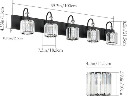 Ralbay Modern Crystal Black 5-Light Bathroom Vanity Light, Matte Black Crystal Bath Wall Light Fixtures