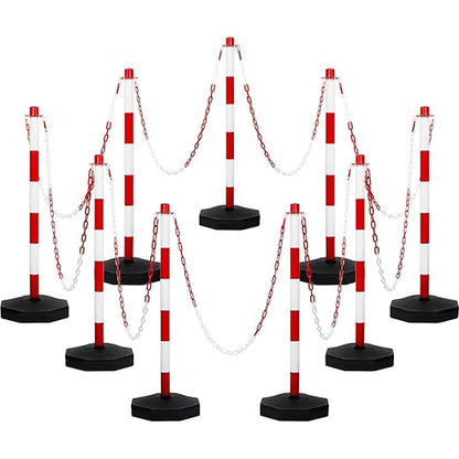 Amylove 9 Packs Traffic Delineator Post Cone with Base, Traffic Cones Safety Cones Caution Cones Plastic Stanchion Chain Safety Barriers with 6.6 Feet Link Chain and S Hooks for Parking Lot (Red)