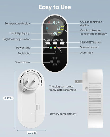5-in-1 Carbon Monoxide Detectors, Natural Gas Leak Detector, Plug-in & Battery Backup Co Detector, HD Digital Display, CO Gas Temp Humidity Sensor, 3-Pcs, Black