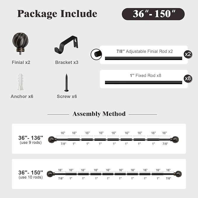 Oneach Black Curtain Rods for Windows 72 to 144 Inch, 7/8" Adjustable Heavy Duty Decorative Drapery Rods with Round Netted Texture Finials (Pack of 1, 36 to 150 Inch)