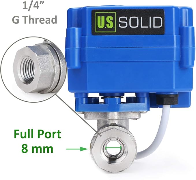 U.S. Solid 1/4" Motorized Ball Valve 85-265V AC Brass Electric Ball Valve, 2 Wire Automatic Return Configuration, Full Port, Normally Closed
