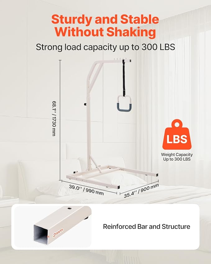 VEVOR Trapeze Bar for Bed Mobility, Height-Adjustable Free Standing Trapeze Bar with 2 Wheels, 300LBS Capacity Bed Pull Up Assist for Elderly Disabled, Ideal for Hospital, Nursing Home & Home Care