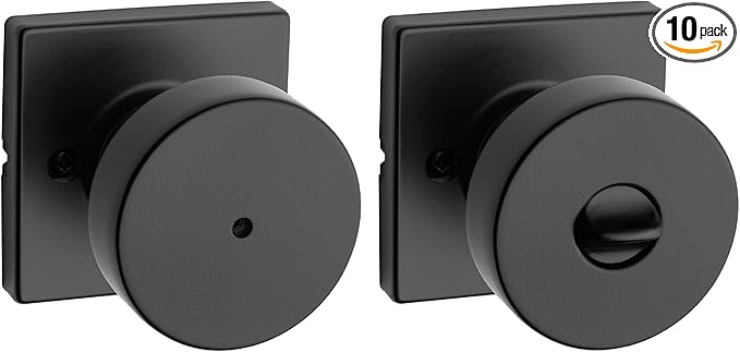 Kwikset Pismo Interior Privacy Door Knob with Lock, Door Handle for Bathroom and Bedroom, Matte Black Keyless Turn Lock Doorknob, with Microban Protection, Square Rose (Pack of 10)