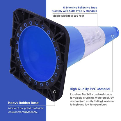 6 Pack 18" Inch Blue PVC Traffic Cones with Heavy-Duty Base, High-Visibility All-Weather Safety Cones for Road Construction, Parking Lot, and Garage Use (6, Blue, 18" Medium)