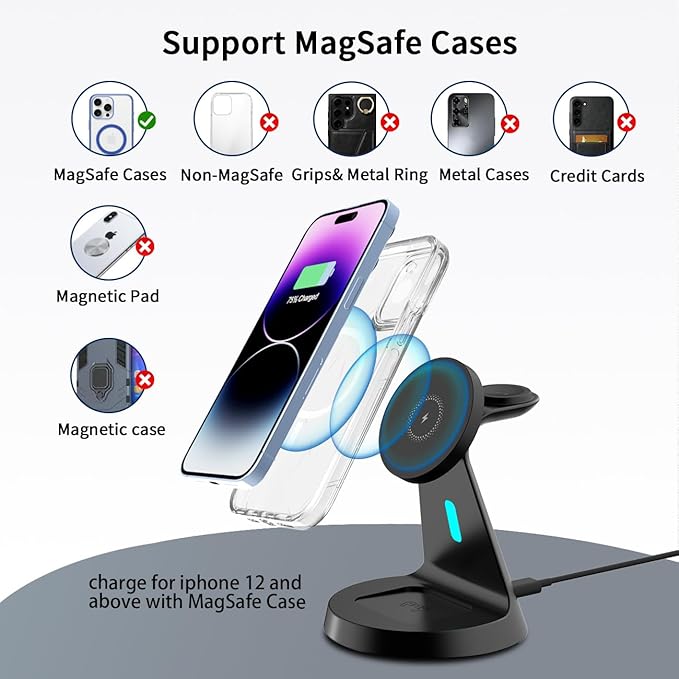 3 in 1 Wireless Charging Station for Apple Magsafe Charger Stand,Fast Magnetic Wireless Charger Station for iPhone 17 Air 16 15 14 13 12 Series,Apple Watch,Airpods