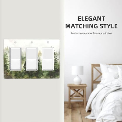 Light Switch Covers Green Forest Watercolor Painting Foggy Pine 3 Gang Rocker Electrical GFCI Decorative Triple Outlet Wall Plate Cover Switchplate for Bedroom living Room Decor