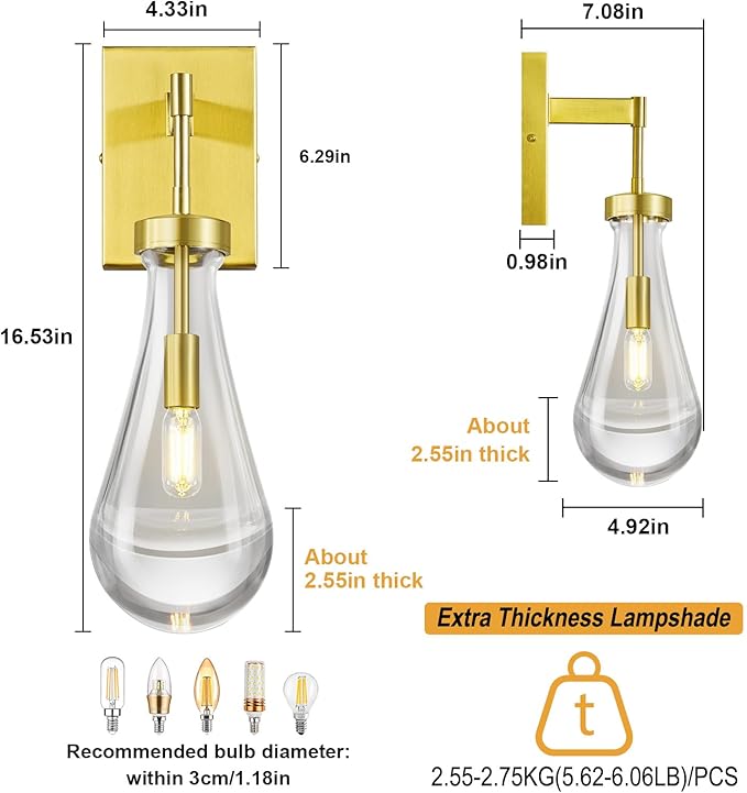 Raindrop Wall Sconces Gold Sconces Wall Decor Modern Wall Lighting Glass Bathroom Sconces Indoor Vanity Light Wall Lamp for Bedroom Living Room Stair (1 Pack)