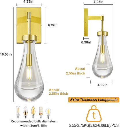 Raindrop Wall Sconces Set of Two Gold Sconces Wall Decor Modern Wall Lighting Glass Bathroom Sconces Indoor Vanity Light Wall Lamp for Bedroom Living Room Stair