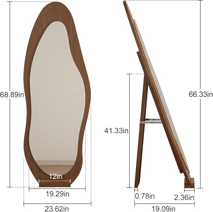 WoodsWhisper 69"x 24" Wavy Mirror Full Length,Lights Irregular led Full Length Mirror, Wavy Wall Mirrors,Shatter-Proof Hanging or Leaning Against Wall for Cloakroom/Bedroom/Living Room,Walnut