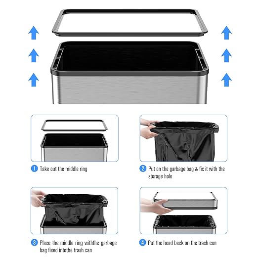 50L / 13 Gallon Smart Automatic Trash Can with Deodorizer Compartment, Stainless Steel Body and Mute Sensor Lid for Kitchen Office Living Room and More, Assemble Large Capacity Garbage Can - Silver