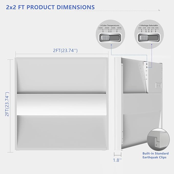2x2 LED Troffer Light,20/W/25W/30W/35W/40W & 3000K/3500K/4000K/5000K Selectable,5200lm 0-10V Dimmable,ETL DLC Listed,100-277V,for Office & Warehouse 4 Pack