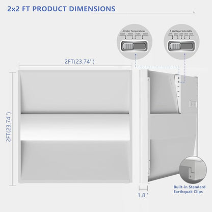 2x2 LED Troffer Light,20/W/25W/30W/35W/40W & 3000K/3500K/4000K/5000K Selectable,5200lm 0-10V Dimmable,ETL DLC Listed,100-277V,for Office & Warehouse 4 Pack
