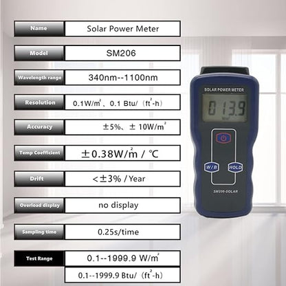 Digital Solar Power Meter, Sun Light Energy Measuring Tester for Testing Car Window Performance, Handheld Portable Sunlight Intensity Meter, W/m2 Meter