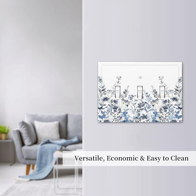 Decorative Switch Plates Light Blue Watercolor Leaves Plant With Floral 3 Gang Wall Plate Triple Toggle Light Switch Cover Faceplate Electrical Wall Panels for Bedroom Bathroom Decor