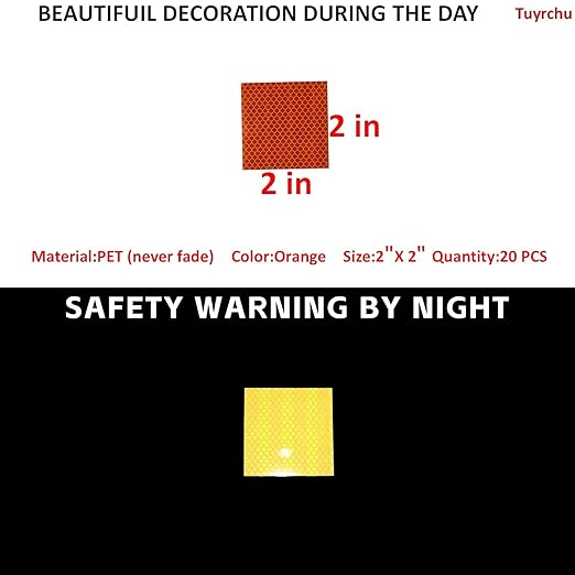 Non Fading Orange Reflective Stickers 2 inch X 2 inch, Outdoor Waterproof High Visibility Warning Safety Adhesive Reflector Tape (20 Pcs)