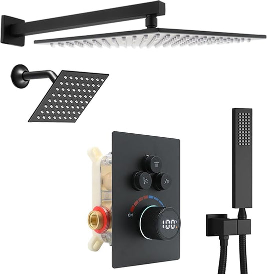 Digital Display Dual Head Shower system Rain Shower System Shower Wall Mount 10 Inch Ceiling Shower Head with 6 Inch Shower Head with shower handheld(Matte Black)