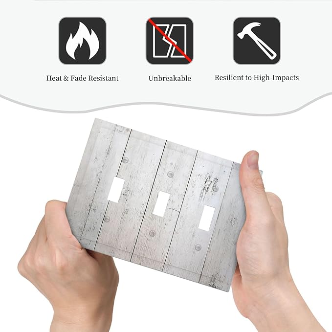 Rustic White Grey Wood Grain Decorative Switch Plates 3 Gang Wall Plate Triple Toggle Light Switch Cover Electrical Wall Panels Faceplate for Bedroom Bathroom Decor
