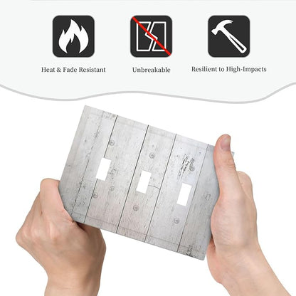 Rustic White Grey Wood Grain Decorative Switch Plates 3 Gang Wall Plate Triple Toggle Light Switch Cover Electrical Wall Panels Faceplate for Bedroom Bathroom Decor