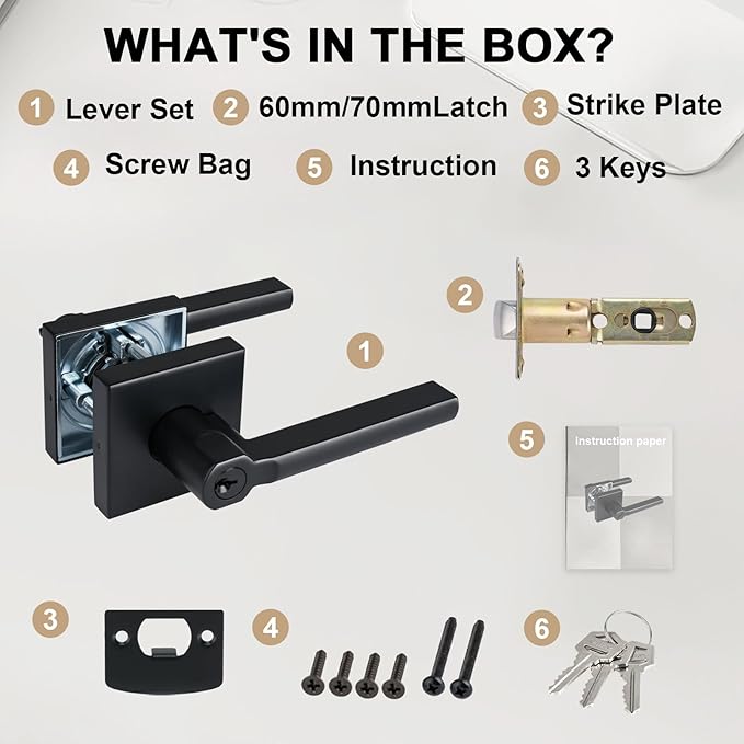 Keyed Entry Door Lever with Lock, Heavy Duty Square Interior Handle for Front Door and Office, Matte Black, Reversible for Right&Left Handed, 1Pack