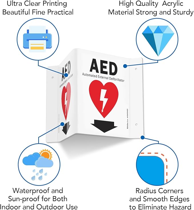 Faittoo AED Sign, AED with Down Arrow - 3 Pack 6 x 8 Inches V-Shaped Acrylic Plastic, 4 Pre-Drilled Holes, Includes Matching Screws, Use for Home Office/Business