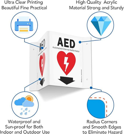 Faittoo AED Sign, AED with Down Arrow - 5 Pack 6 x 8 Inches V-Shaped Acrylic Plastic, 4 Pre-Drilled Holes, Includes Matching Screws, Use for Home Office/Business