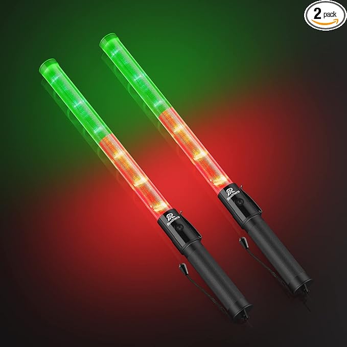 RoadHero 2 Pack 21 Inch Traffic Wands, Red and Green Led Traffic Control Baton, Safety Light Wand with 3 Flashing Modes, Air Marshaling Signal Wand with Side Clip for Airport, Parking, Car Directing