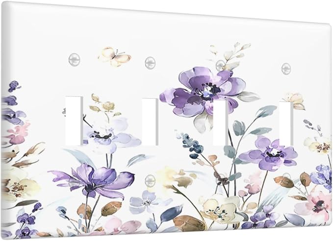 Light Switch Covers Purple Floral Lilac Watercolor Flower Leaves Butterfly Wildflower Quad Toggle 4 Gang Wall Plate Electrical Faceplate Decorative Switch Plates for Bedroom Home Decor