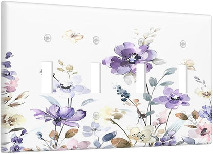 Light Switch Covers Purple Floral Lilac Watercolor Flower Leaves Butterfly Wildflower Quad Toggle 4 Gang Wall Plate Electrical Faceplate Decorative Switch Plates for Bedroom Home Decor
