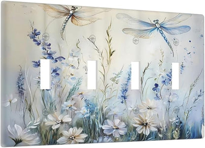 Decorative Light Switch Cover Plate Watercolor Dragonfly Blue Wihte Flower 4 Gang Wall Plates for Electrical Outlets Quad Toggle Switch Plate Covers Outlet Covers Faceplate for Bedroom Decor