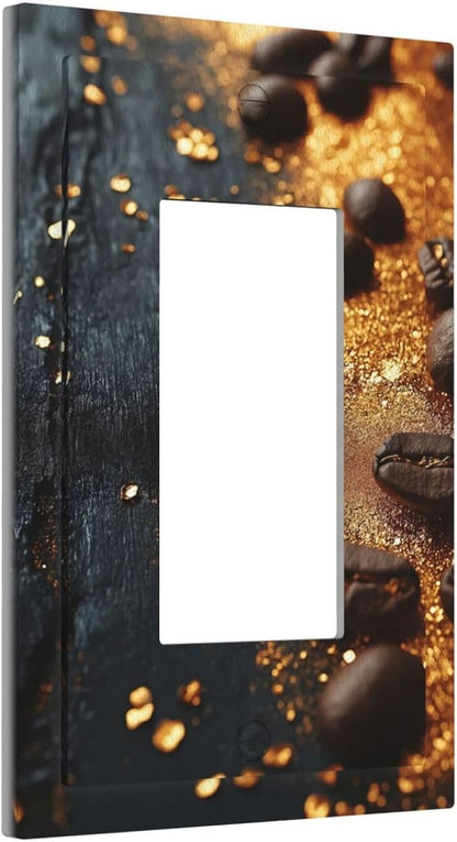 Decorative Outlet Covers Black Wood Board Gold Dust Coffee Beans 1 Gang Single Decora GFCI Device Light Switch Covers Plate 1 Rocker Wall Plate Jumbo Face Plate