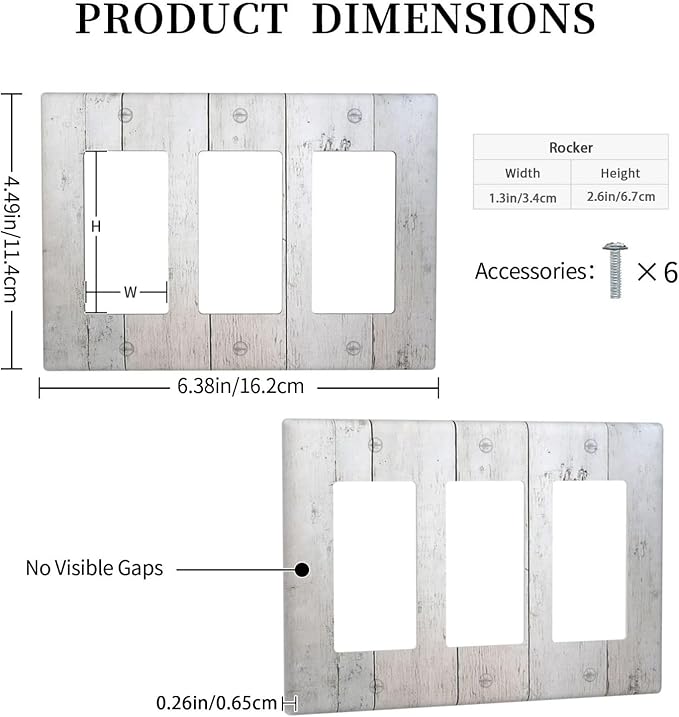Rustic White Grey Wood Grain Light Switch Covers 3 Gang Rocker Decorative Triple Outlet Wall Plate Cover Electrical GFCI Switchplate for Bedroom Bathroom Decor