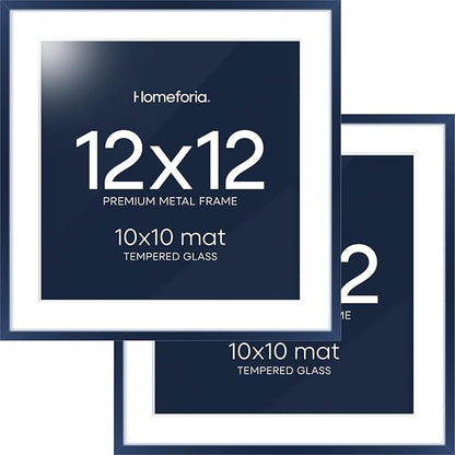 Homeforia 12x12 Picture Frame Navy Blue, High End Metal 12 x 12 Square Poster Frame with Mat 10 x 10 Photo, 12x12 Frame Matted to 10x10 Print, 12by12 Hanging Frames, Tempered Glass, Wall Kit, Set of 2