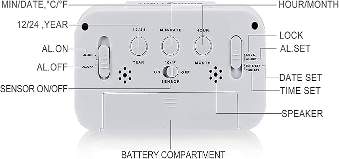 Digital Alarm Clock with LCD Display, Desk Smart Electronic Small Clock with Indoor Temperature, Date, Light Sensor, Backlight, Battery Operated, for Home Bedroom Kids Office (White)