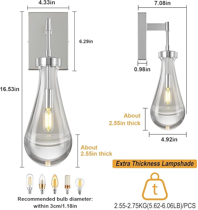 Raindrop Wall Sconces Set of Two Chrome Sconces Wall Decor Modern Wall Lighting Glass Bathroom Sconces Indoor Vanity Light Wall Lamp for Bedroom Living Room Stair