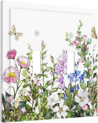 Boho Colorful Wildflowers Butterfly Green Plant Leaf Double Toggle Light Switch Covers 2 Gang Wall Plate Dual Decorative Switchplate Electrical Faceplate for Country Bathroom Bedroom Decor