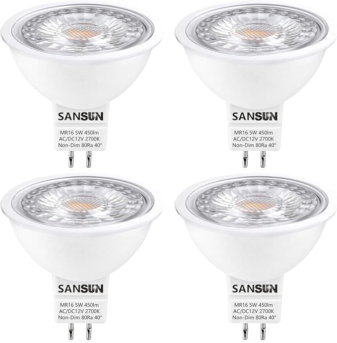 5W MR16 LED Landscape Light Bulbs, Low Voltage 12V 50W Halogen Replacement for Outdoor Landscape Spotlight and Indoor Track Light, GU5.3 Bi-Pin Base, Warm White 2700K, Non-Dimmable (Pack of 4)