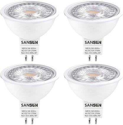 5W MR16 LED Landscape Light Bulbs, Low Voltage 12V 50W Halogen Replacement for Outdoor Landscape Spotlight and Indoor Track Light, GU5.3 Bi-Pin Base, Warm White 2700K, Non-Dimmable (Pack of 4)