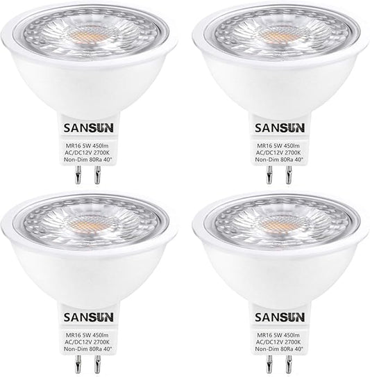 5W MR16 LED Landscape Light Bulbs, Low Voltage 12V 50W Halogen Replacement for Outdoor Landscape Spotlight and Indoor Track Light, GU5.3 Bi-Pin Base, Warm White 2700K, Non-Dimmable (Pack of 4)