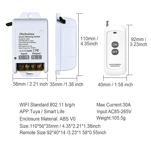 30A Heavy Duty WiFi Wireless Smart Switch with Energy Monitoring, DIY Switch for Smart Home Automation, Tuya APP / RF433Mhz 328FT Remote Control, Timer, Compatible with Alexa & Google Home