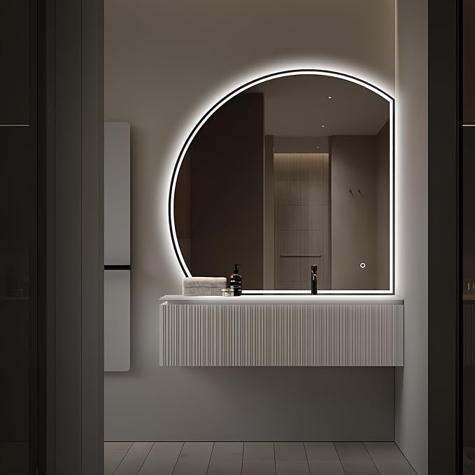 Niccy Half Moon Led Mirror for Bathroom, 32" Semi Round Backlit Mirror for Wall Lighted Mirror with Frameless 3 Color, Defogger, Explosion-Proof, HD Glass and IP65 Vanity Mirror
