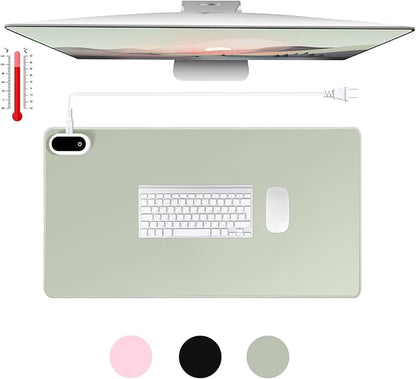 Konohan Heated Large Desk Mat PU Leather Warm Mouse Pad with 5 Heating Level & 4 Hour Auto Shut-Off Heating Keyboard Pad Warmer Gaming Mice Mat Only Supports 110v(Gray-Green Color,23.6"x 14.2")