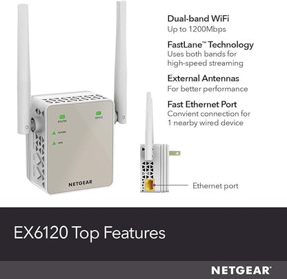 NETGEAR WiFi Range Extender (EX6120) - Add up to 1,500 sq. ft., 25 Devices - AC1200 Dual Band Wireless Signal Booster & Repeater (Up to 1.2 Gbps Speed), Compact Wall Plug Design – Free Expert Help