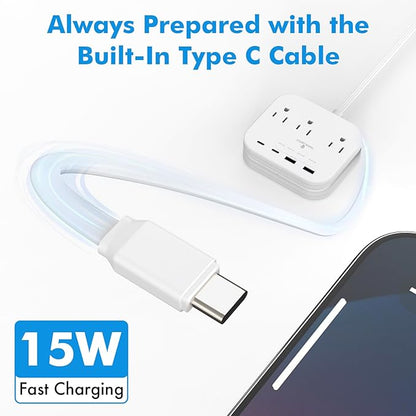 Cruise Essentials Flat Plug Power Strip, Durable 5 ft Extension Cord w/ 3 Outlets Extender & Built-In Type C Cable, 2 USB & 2 USB-C Ports, No Surge Protector for Cruise Travel, Dorm, Home
